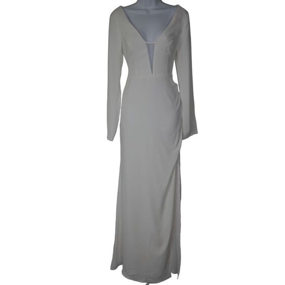 Lulu’s White Long Sleeve Maxi Dress | L | V-Neck | Mesh Insert | Formal Gown - Picture 4 of 13